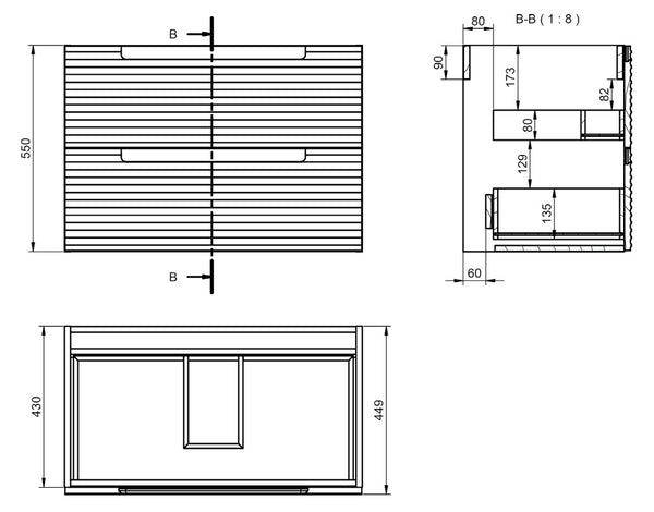 Mobile bagno noce 80x45 Mango due cassetti soft close effetto legno con lavabo in ceramica lucida