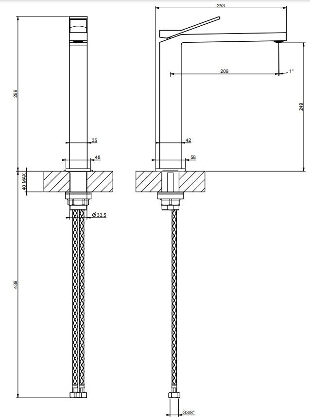Gessi Rettangolo K Miscelatore lavabo alto senza scarico, vista laterale del profilo e della forma