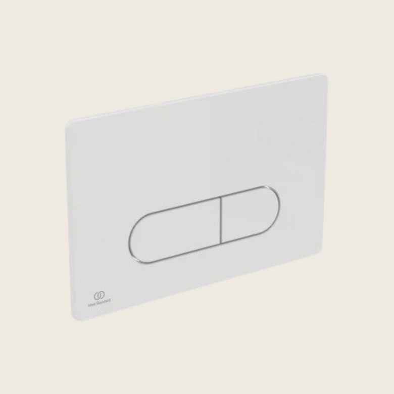 Placca comando meccanico per cassette Prosys bianco Oleas ambientato su piano bagno con accessori