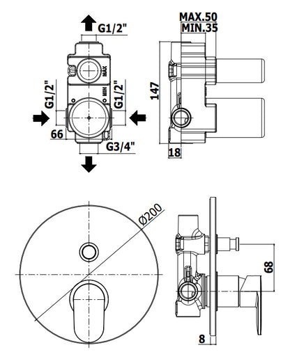 Paffoni Candy Ca015 Miscelatore doccia Monocomando ad Incasso Con Deviatore A Pulsante E Piastra In Metallo 20 Cm Cromo