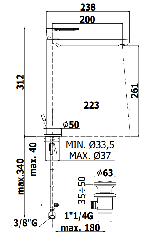 Paffoni Candy Ca081 Miscelatore lavabo alto senza scarico, vista laterale del profilo e della forma