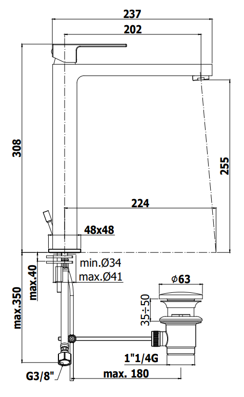 Paffoni Effe Ef081 Miscelatore Lavabo Alto Prolungato Senza visto dall'alto con scarico e interno visibili