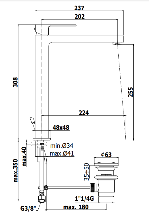 Paffoni Elle El085 Miscelatore Lavabo Alto Prolungato con, vista laterale del profilo e della forma