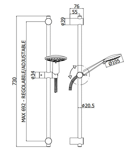 Paffoni Brio Zsal194 asta doccia 73 Cm con doccetta 4 getti saliscendi e flessibile 150 cm Cromo