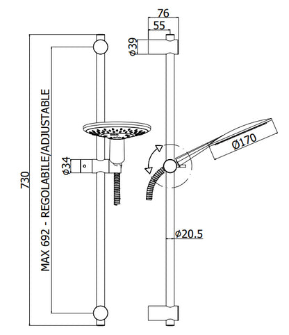 Paffoni Odeon asta doccia 73 cm con doccetta saliscendi supporto scorrevole Cromato