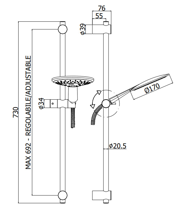 Paffoni Odeon asta doccia 73 cm con doccetta saliscendi supporto scorrevole Cromato