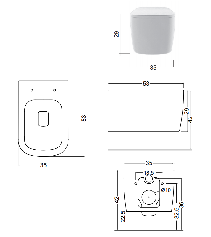Nic Design Semplice Bidet Sospeso Cm 53x35x29h Bianco Matt, vista laterale del profilo e della forma