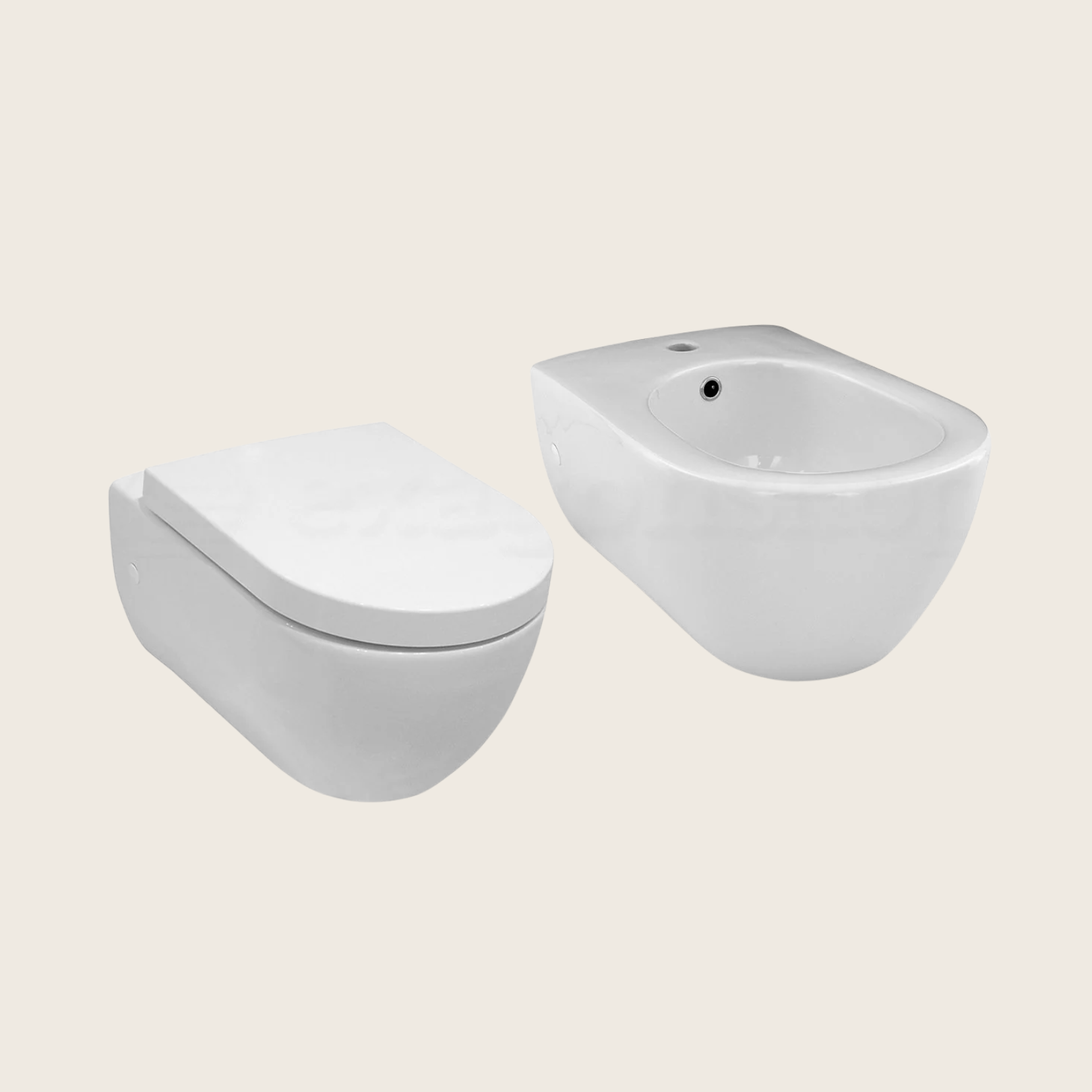 Coppia sanitari sospesi bidet e vaso con sedile rallentato Bianca Lucida, vista frontale su sfondo bianco