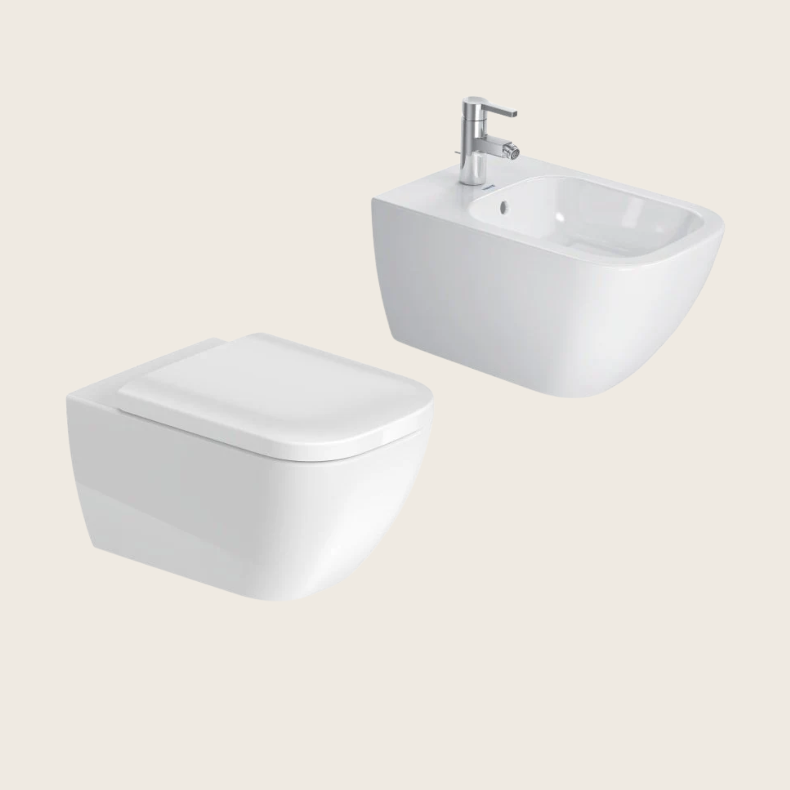 Duravit Happy D2 coppia sanitari sospesi senza brida sedile 00 Bianco in ceramica ambientato su piano bagno con accessori