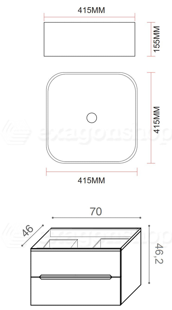 Mobile bagno bianco opaco 70x46 cannettati Urbino con ciotola da appoggio quadra in ceramica e due cassetti