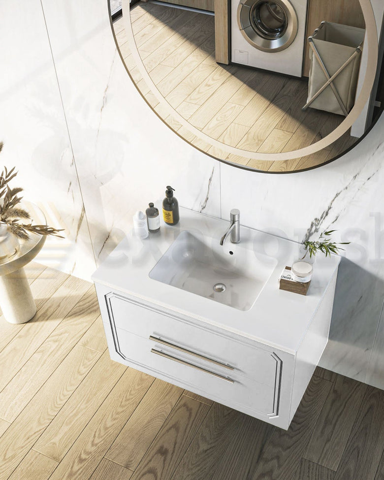Mobile bagno bianco lucido 80x46 Vienna con lavabo in, vista dall'alto del piano con lavabo - Exagonshop