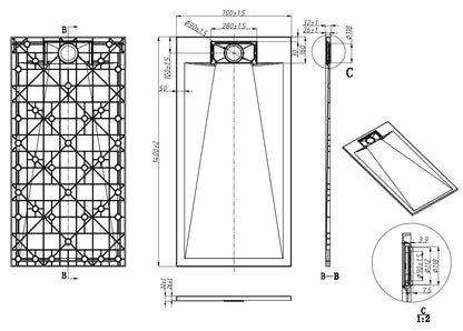Piatto doccia 140x70 effetto pietra ardesia bianco in smc con piletta e copripiletta Trevi