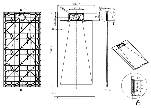 Piatto doccia 140x70 effetto pietra ardesia bianco in smc con piletta e copripiletta Trevi