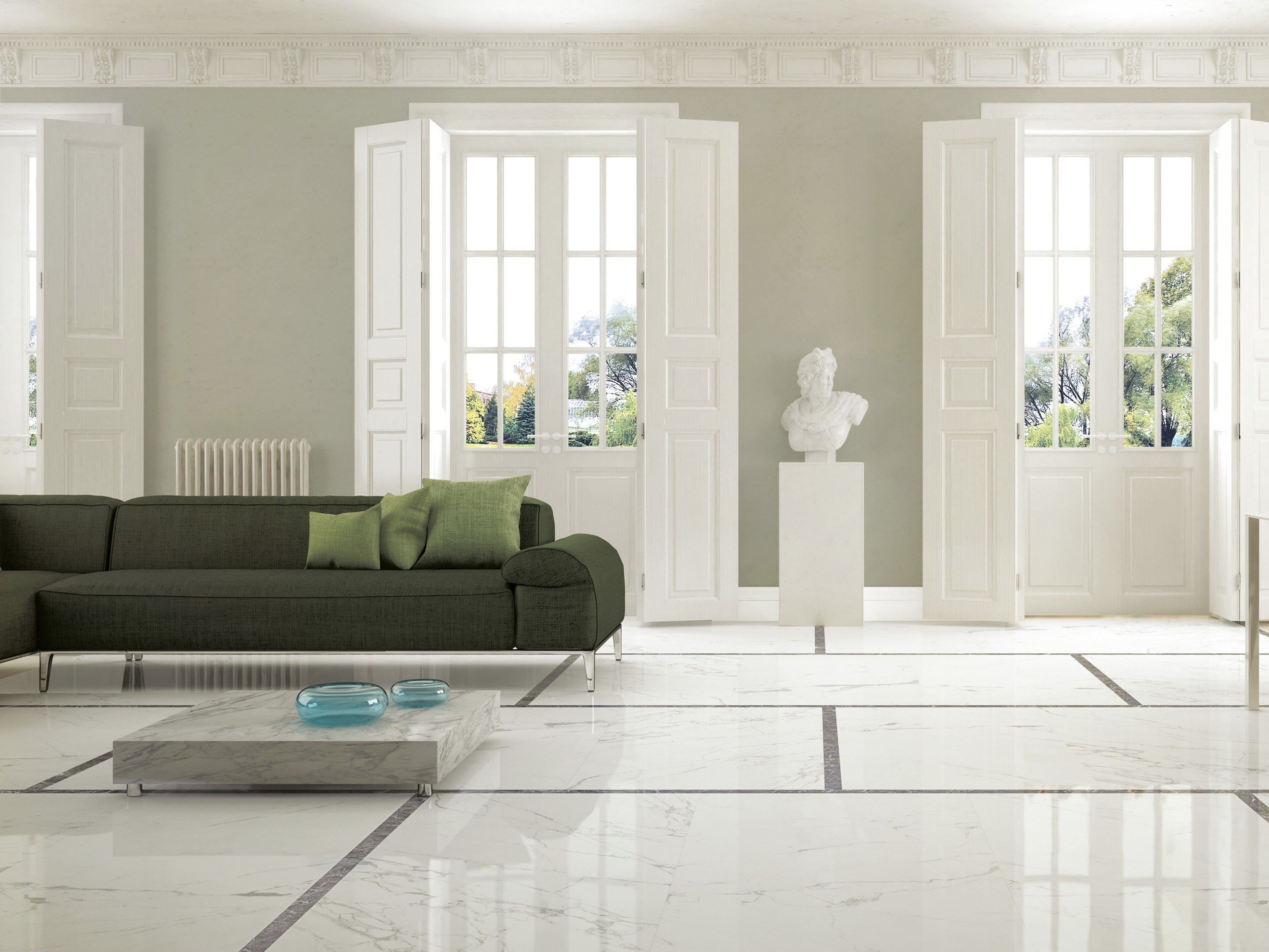 Ceramiche Caesar Anima Statuario 60x60 cm Lappato posata in ambiente arredato, dettaglio della venatura