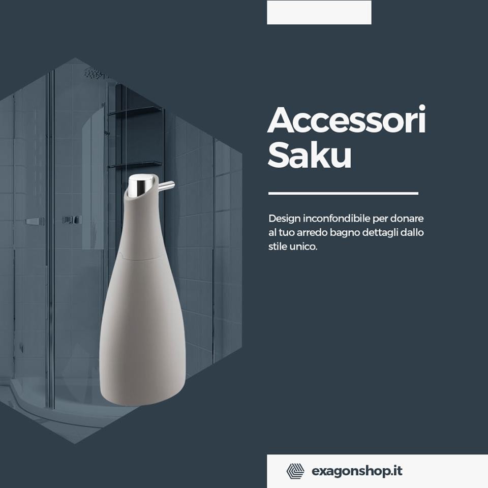 Dispenser sapone liquido da appoggio nero soft cromo Saku, vista laterale del profilo a muro - Industrias Cosmic