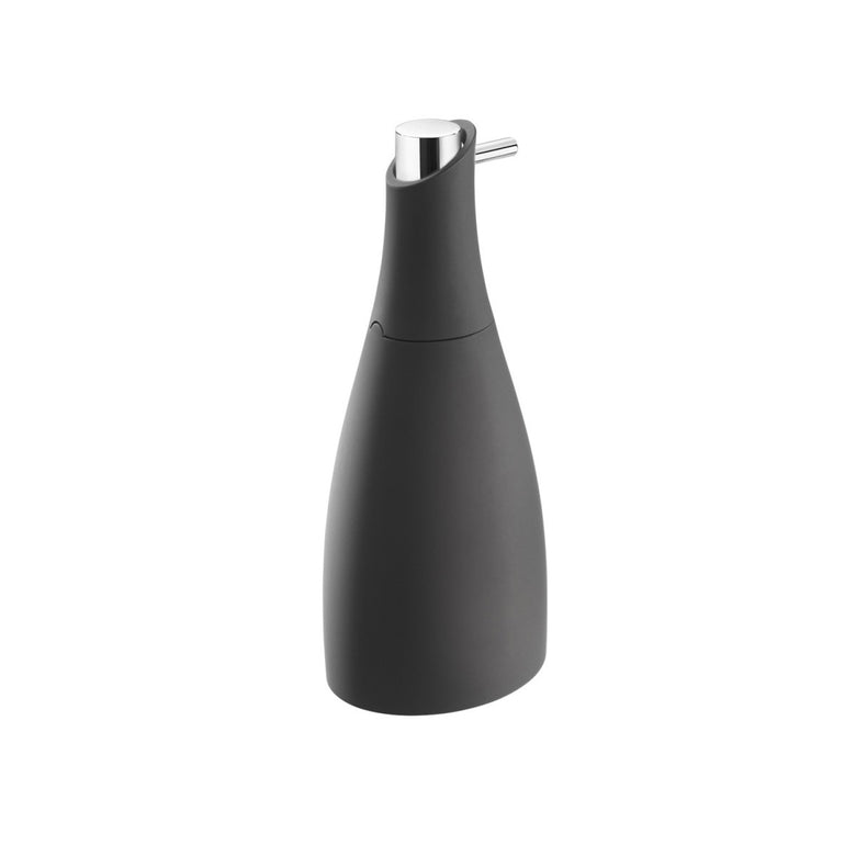 Dispenser sapone liquido da appoggio nero soft cromo Saku, dettaglio ravvicinato del materiale e dell'aggancio...