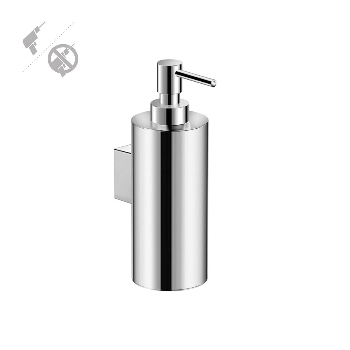 Dispenser sapone liquido fissaggio a muro o adesivo Cromo, dettaglio ravvicinato del materiale e dell'aggancio...