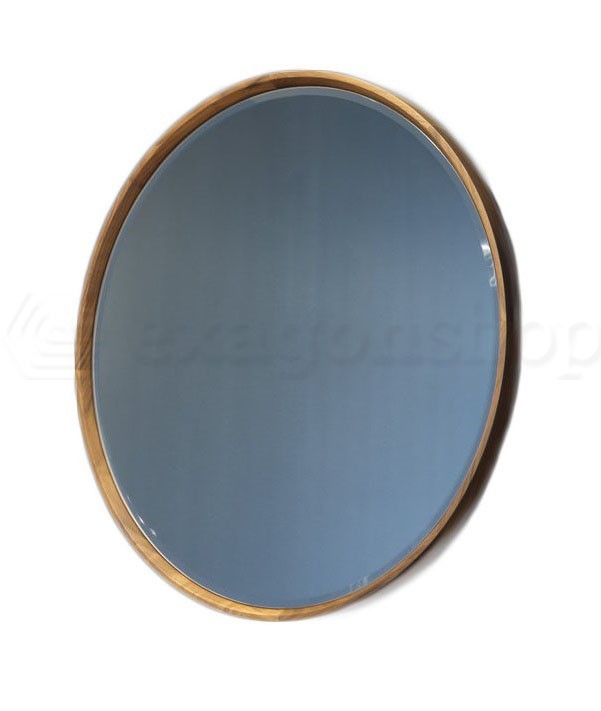 Antonio Lupi Specchio 85 cm Tondo con Cornice Noce in legno massello con lavabo e rubinetteria, vista frontale su sfondo...