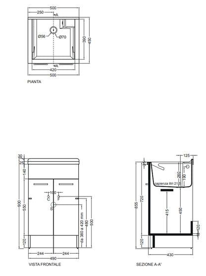 Colavene Swash mobile lavatoio 50x45 due ante con tavola lavapanni in legno massello Bianco Lucido