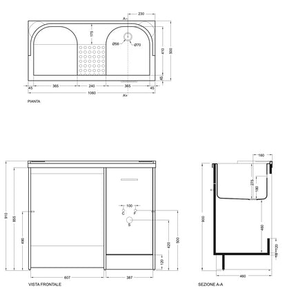 Mobile lavatoio 106x50 con vasca destra e alloggio lavatrice Domestica DL1051B Colavene