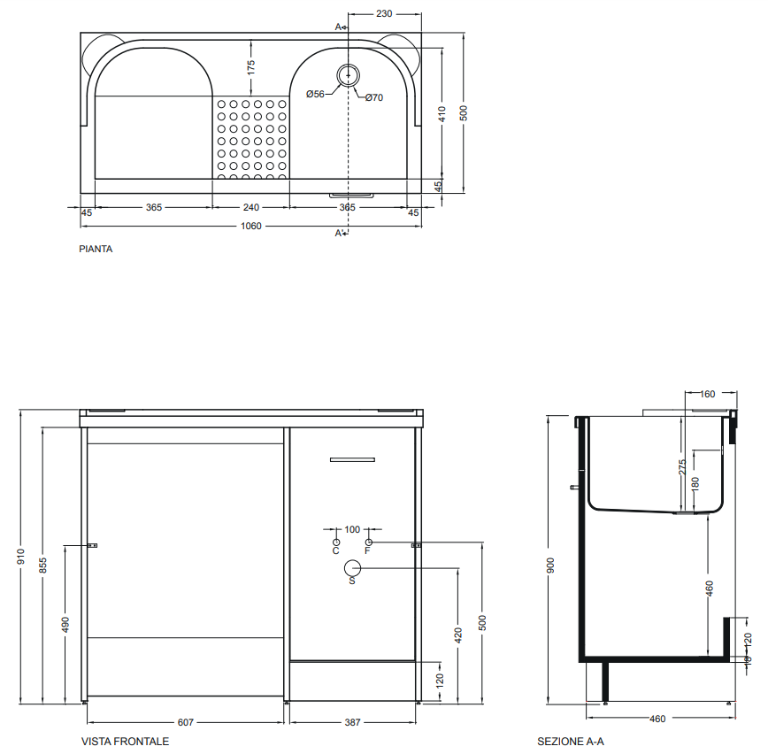 Colavene Domestica 106x50 lavatoio vasca Sinistra porta installato su lavello, vista della bocca e della leva