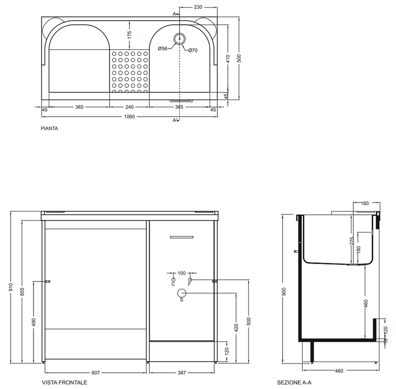 Colavene Domestica 106x50 lavatoio vasca Sinistra porta installato su lavello, vista della bocca e della leva