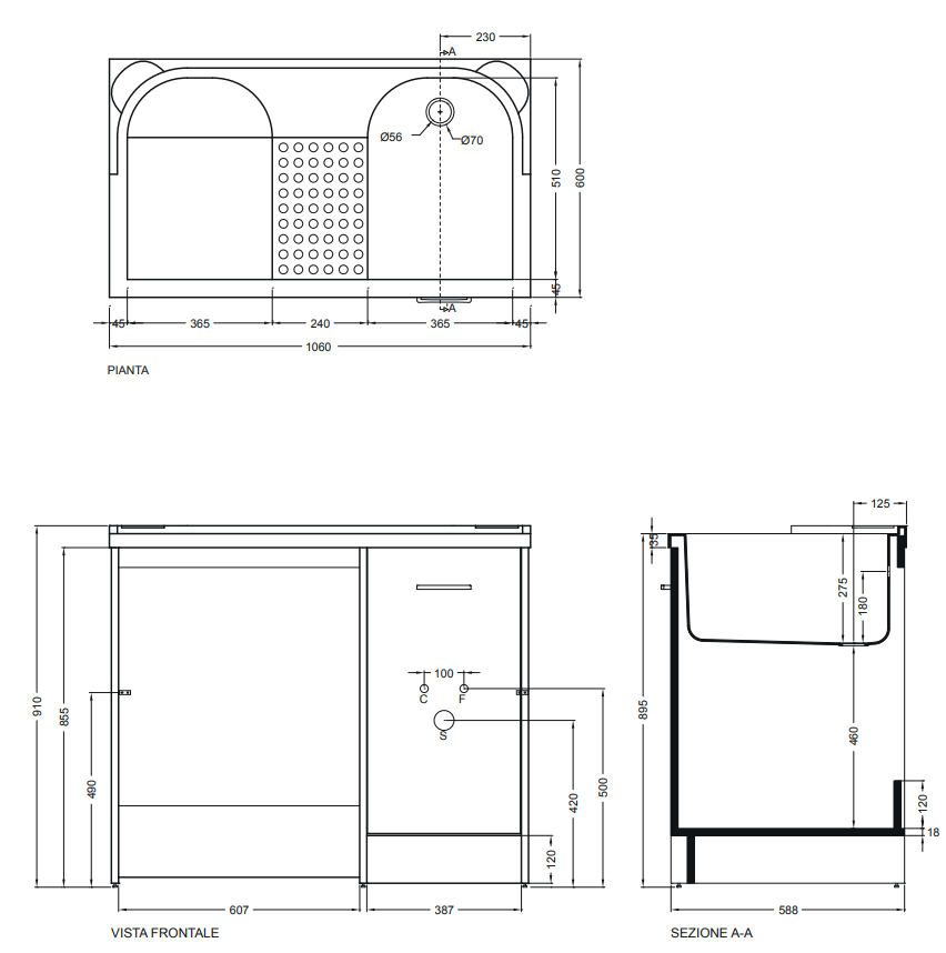 Colavene Domestica 106x60 Lavatoio vasca sinistra porta installato su lavello, vista della bocca e della leva