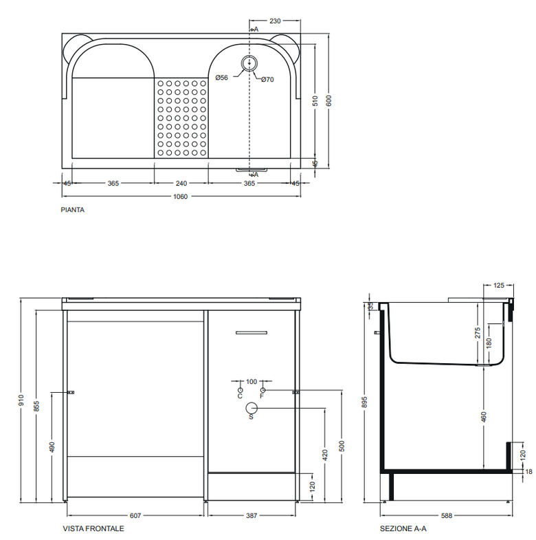 Colavene Domestica 106x60 Lavatoio vasca sinistra porta installato su lavello, vista della bocca e della leva