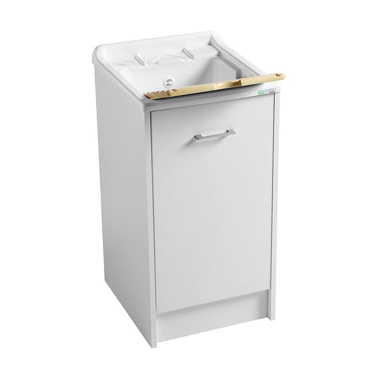 Colavene Domestica 45x50 Lavatoio bianco con tavola installato su lavello, vista della bocca e della leva