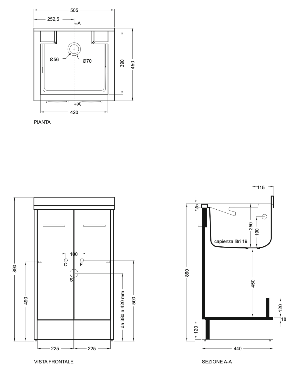 Colavene Domestica Lavatoio 50x45 vasca abs Tela Bianco installato su lavello, vista della bocca e della leva