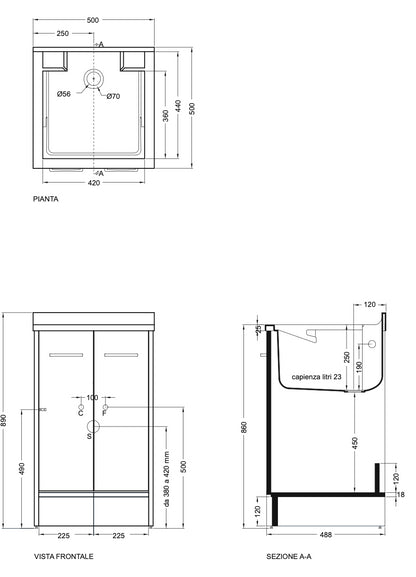Mobile Lavatoio 50x50 a 2 Ante con vasca lavapanni abs Tela Bianco Domestica DL5050B Colavene