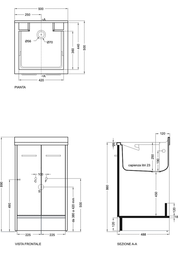 Mobile Lavatoio 50x50 a 2 Ante con vasca lavapanni abs Tela Bianco Domestica DL5050B Colavene