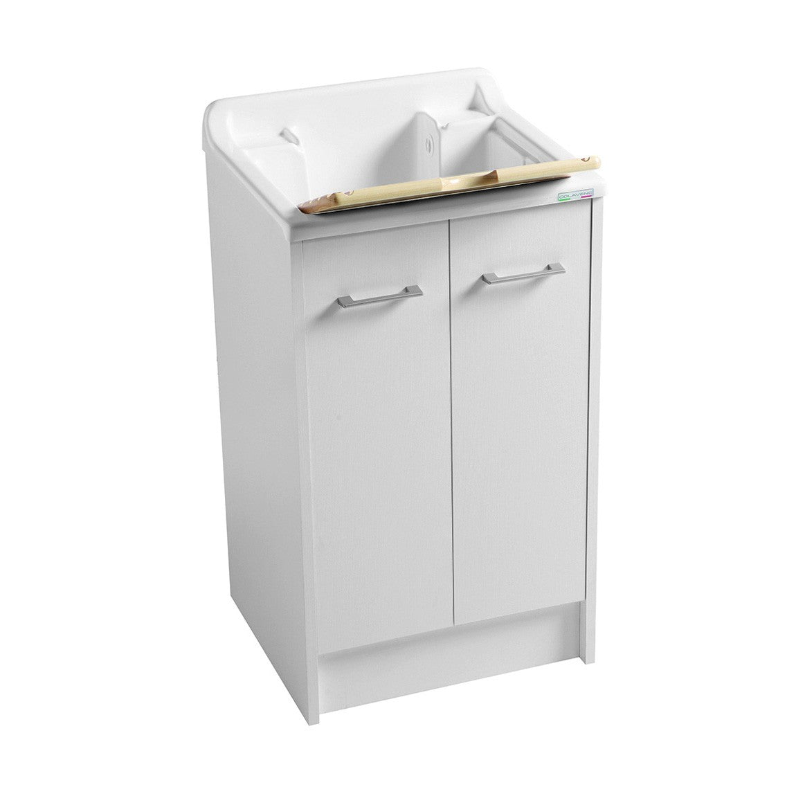 Colavene Domestica 50x50 Lavatoio vasca abs tela Bianco installato su lavello, vista della bocca e della leva