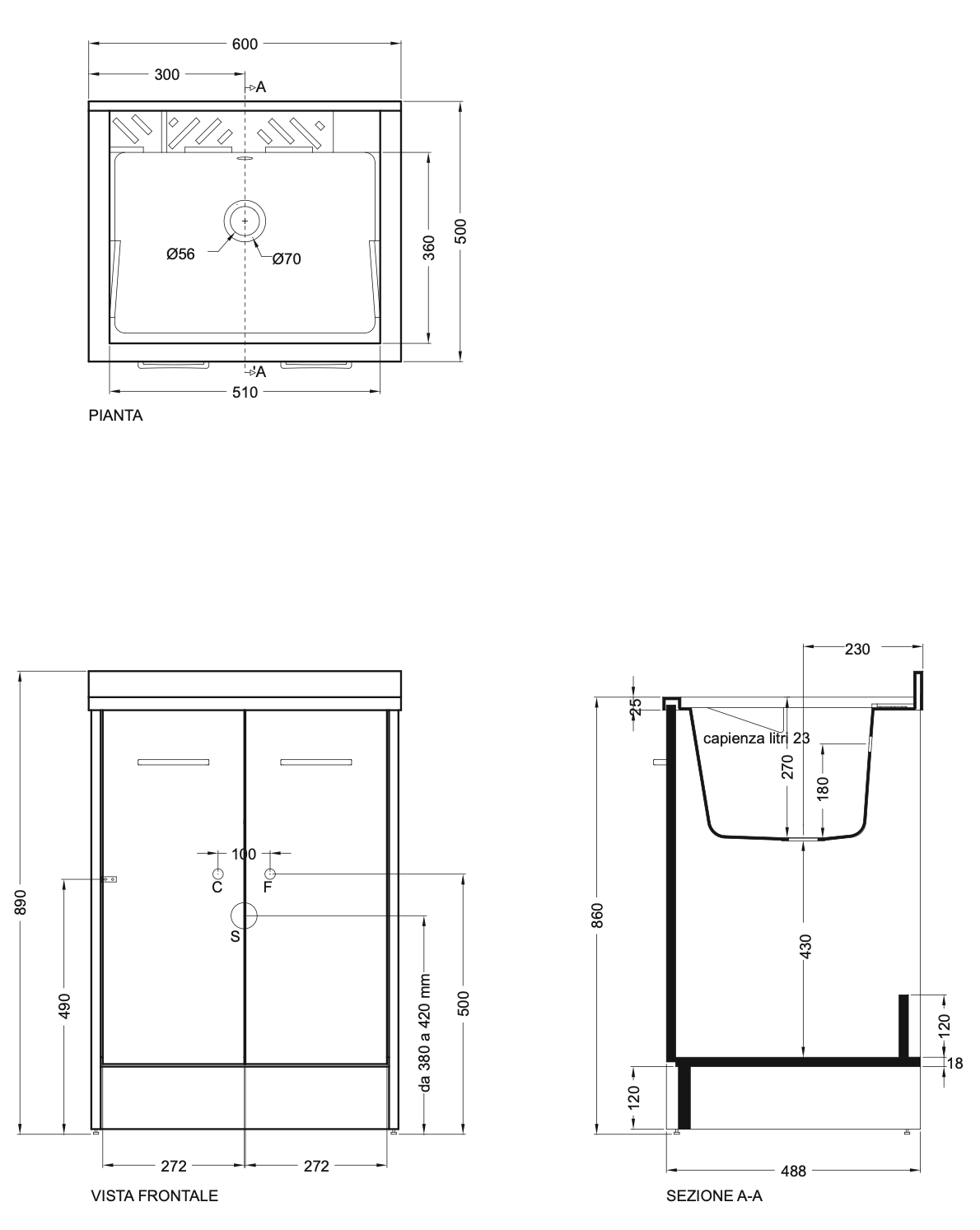 Disegno tecnico con quote di Colavene Domestica 60x50 Lavatoio vasca abs Tela Bianco