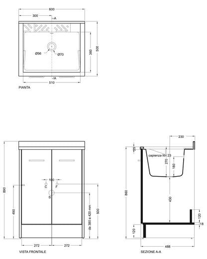 Mobile Lavatoio 60x50 2 ante con vasca lavapanni abs Tela Bianco Domestica DL6050B Colavene