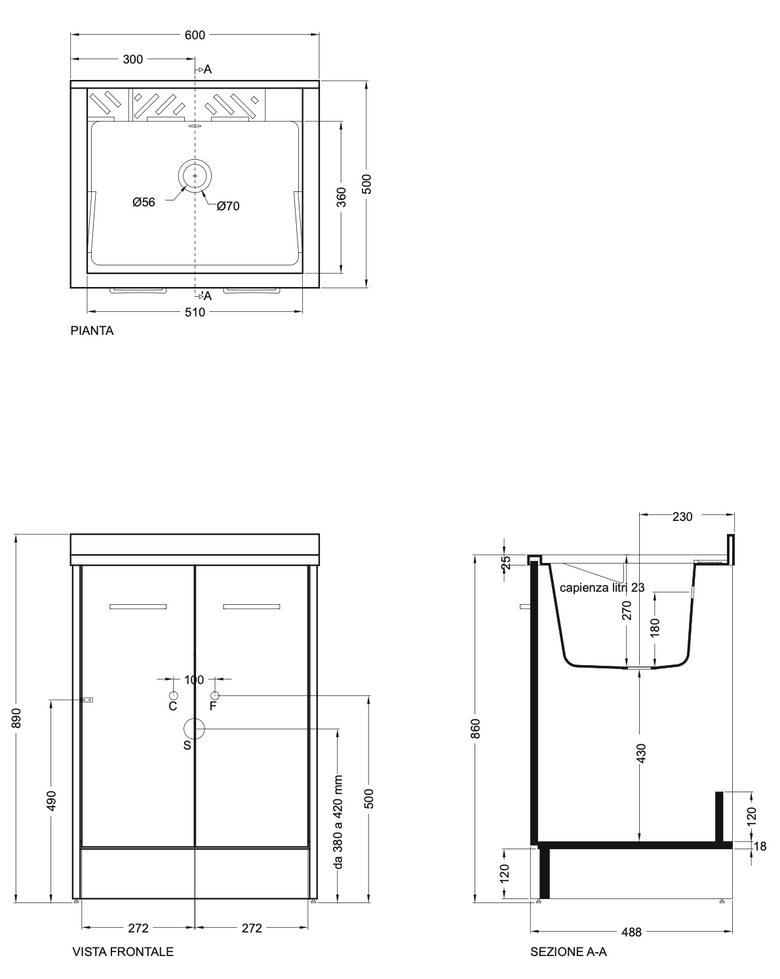 Disegno tecnico con quote di Colavene Domestica 60x50 Lavatoio vasca abs Tela Bianco