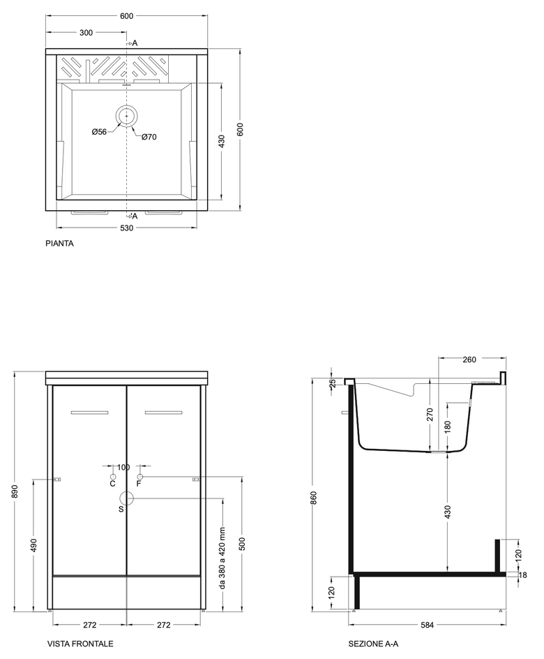 Colavene Domestica Lavatoio 60x60 vasca abs Bianco DL6060B installato su lavello, vista della bocca e della leva