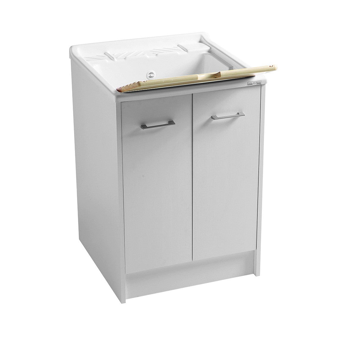 Colavene Domestica Lavatoio 60x60 vasca abs Bianco DL6060B installato su lavello, vista della bocca e della leva