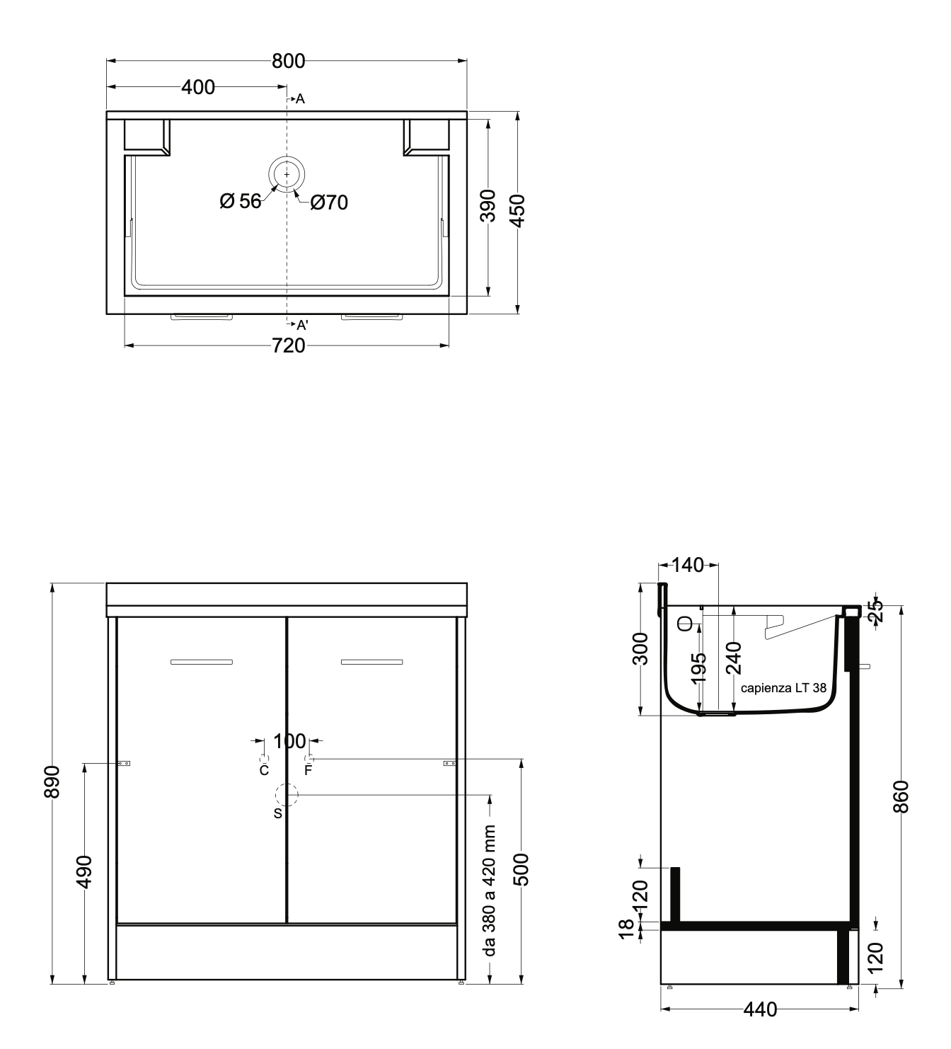 Disegno tecnico con quote di Colavene Domestica 80x45 Lavatoio bianco con tavola