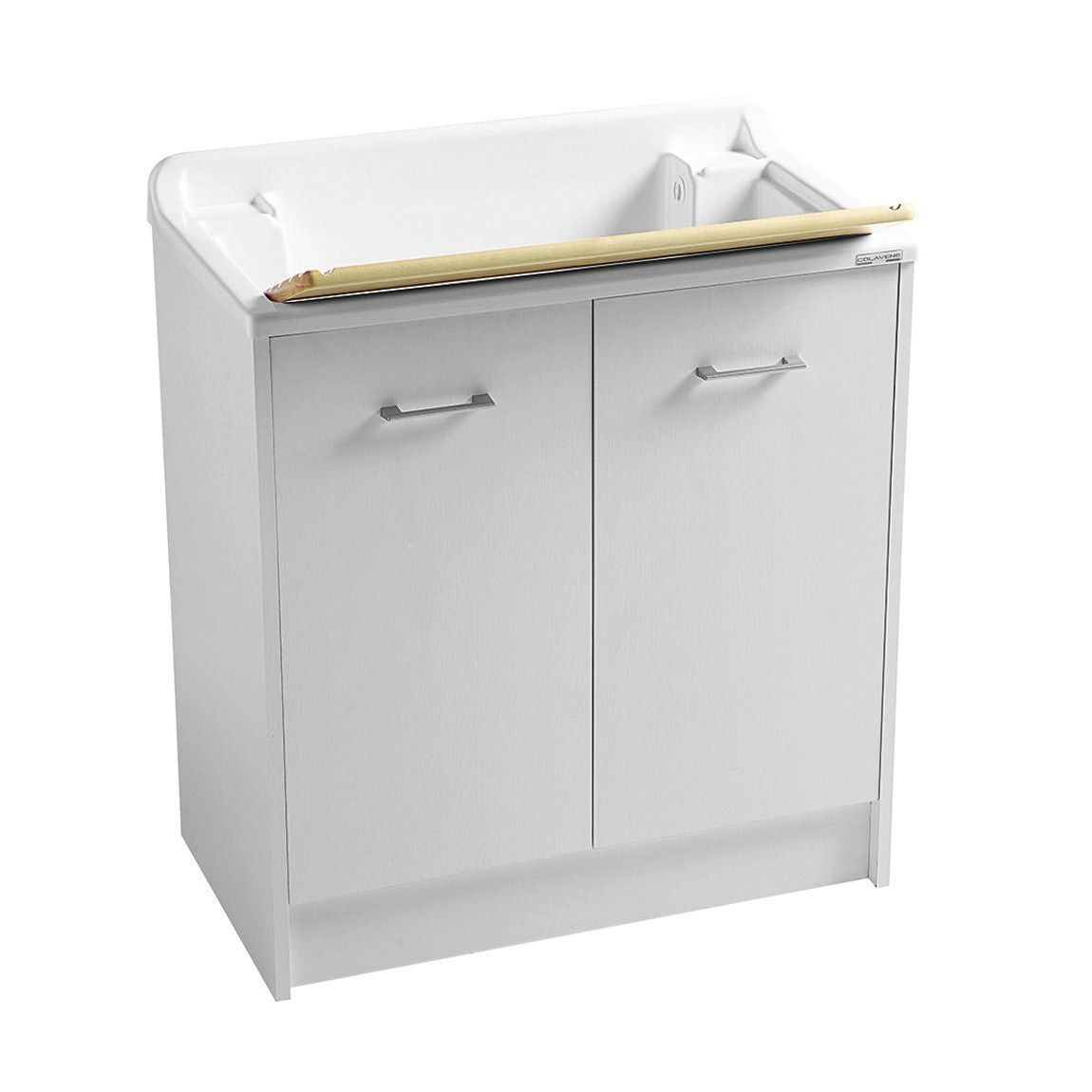 Colavene Domestica 80x45 Lavatoio bianco con tavola installato su lavello, vista della bocca e della leva