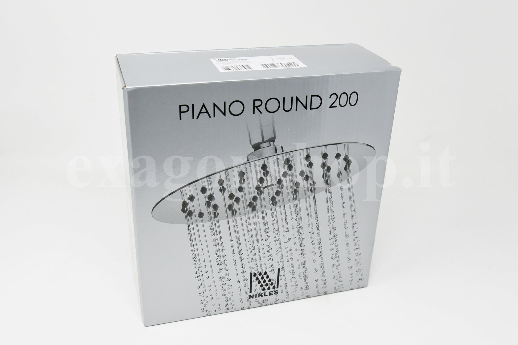 Nikless Piano Round 200 soffione 20 cm tondo ultra piatto, dettaglio ravvicinato della finitura e del marchio