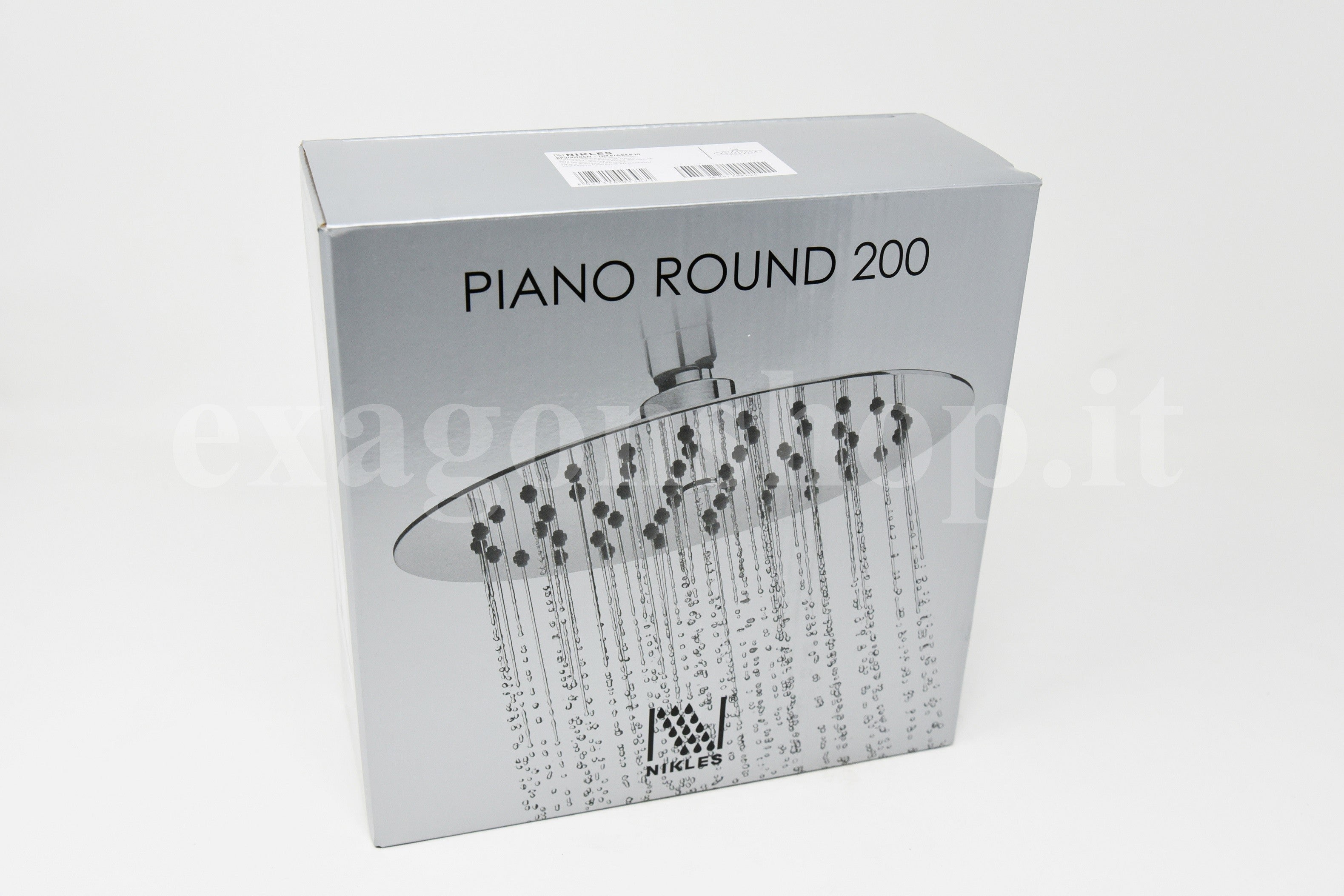 Nikless Piano Round 200 soffione 20 cm tondo ultra piatto, dettaglio ravvicinato della finitura e del marchio