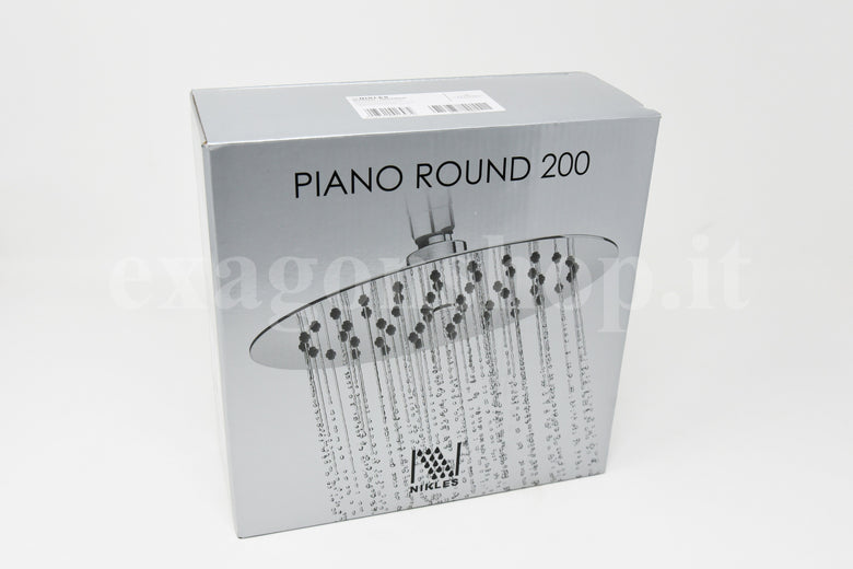 Nikless Piano Round 200 soffione 20 cm tondo ultra piatto, dettaglio ravvicinato della finitura e del marchio