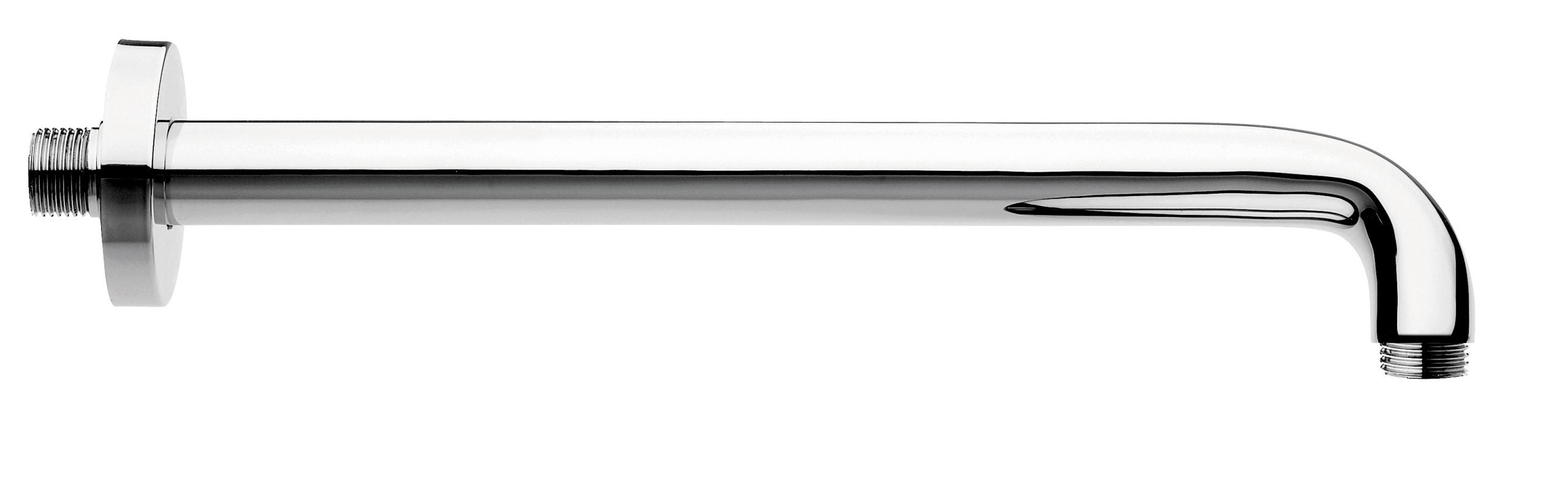 Braccio doccia tondo 30 cm diametro 24 mm cromo in lucido, vista frontale della maniglia e della bocca di erogazione