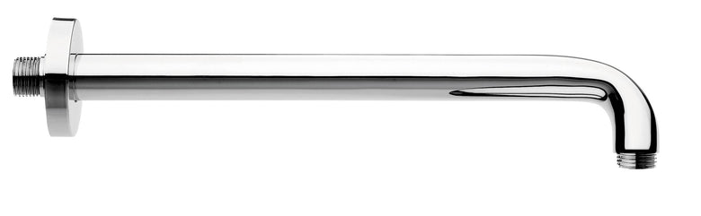 Braccio doccia tondo 30 cm diametro 24 mm cromo in lucido, vista frontale della maniglia e della bocca di erogazione