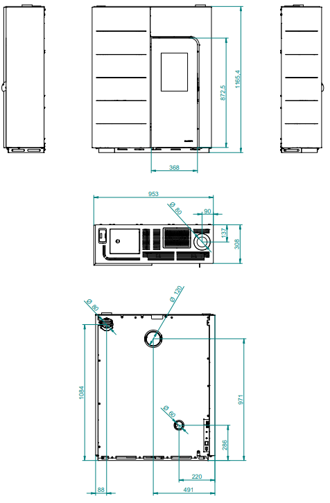 Palazzetti Ginger 9 Stufa a Pellet ecofire ad aria, vista laterale che mostra profilo e dimensioni