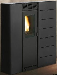 Stufa A Pellet salvaspazio Ecofire ad aria irraggiamento in, vista laterale che mostra profilo e dimensioni