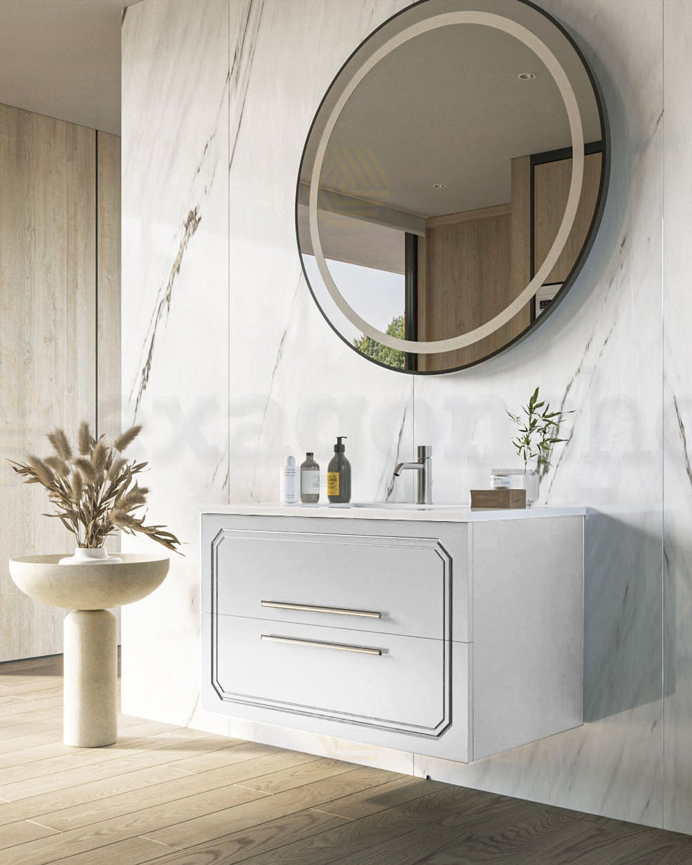 Mobile bagno bianco lucido 80x46 Vienna con lavabo in, dettaglio ravvicinato della finitura e del cassetto - Exagonshop