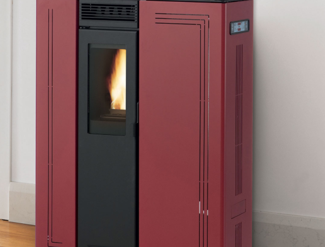 Royal Gigliola Air 80 Stufa A Pellet Ad Aria 7 Kw serbatoio, vista laterale che mostra profilo e dimensioni