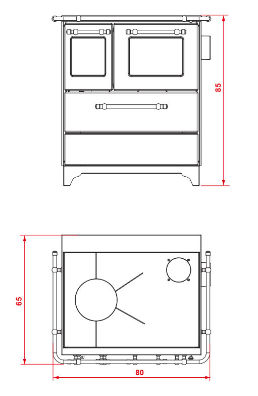 Royal Betty 3.5 New Cucina A Legna 80x65 cm 6kw Bianco, vista laterale che mostra profilo e dimensioni